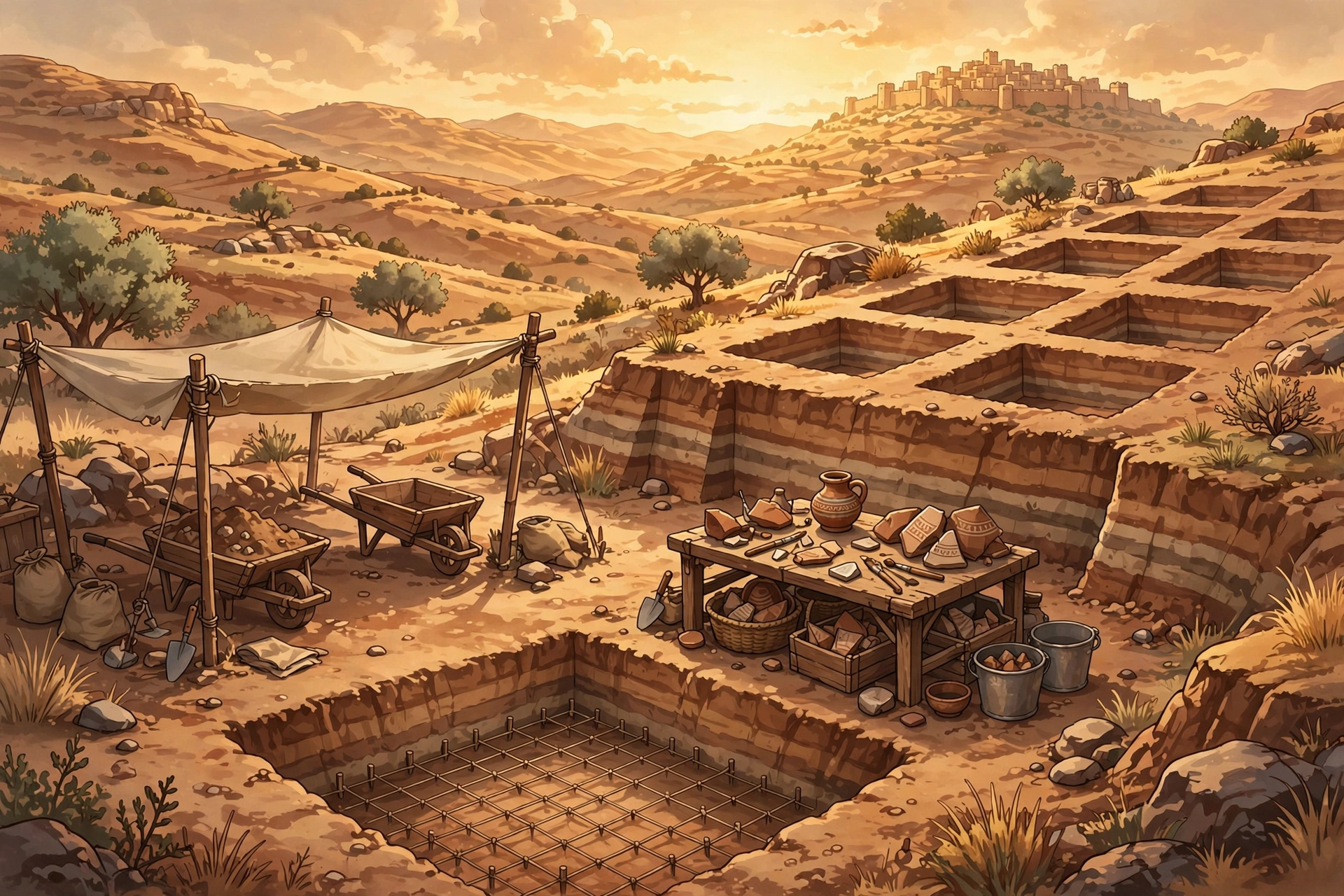 Sunlit archaeological trenches beneath a hilltop city