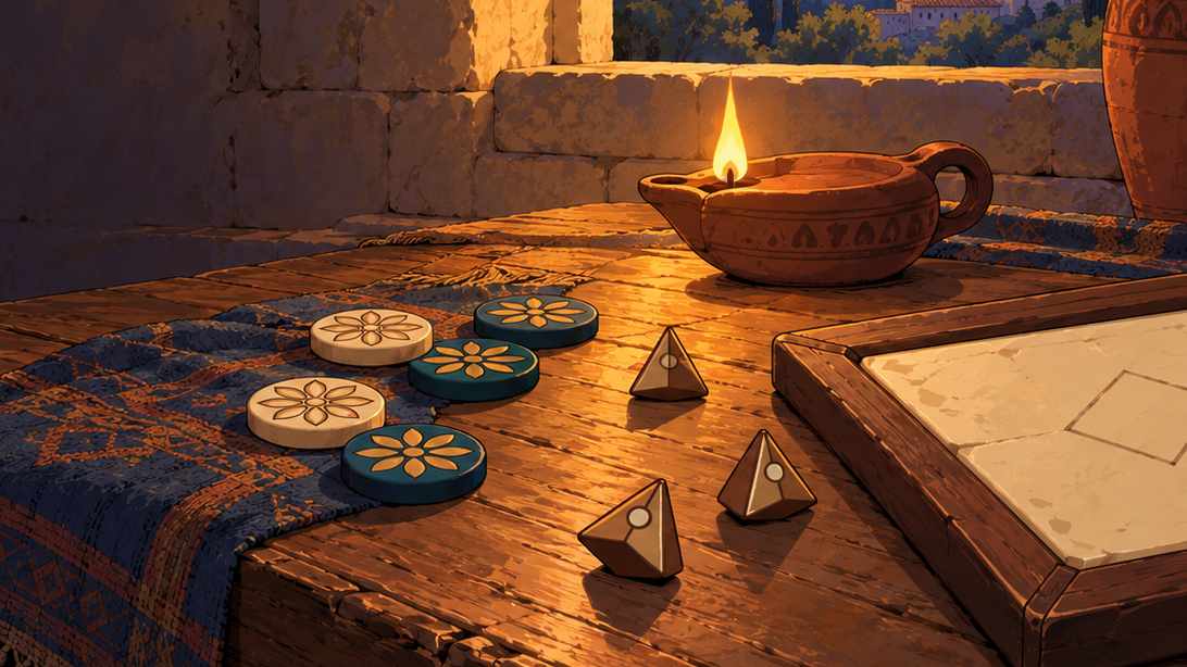 Painted lamplight over floral game stones, casting dice and an ancient wooden game table