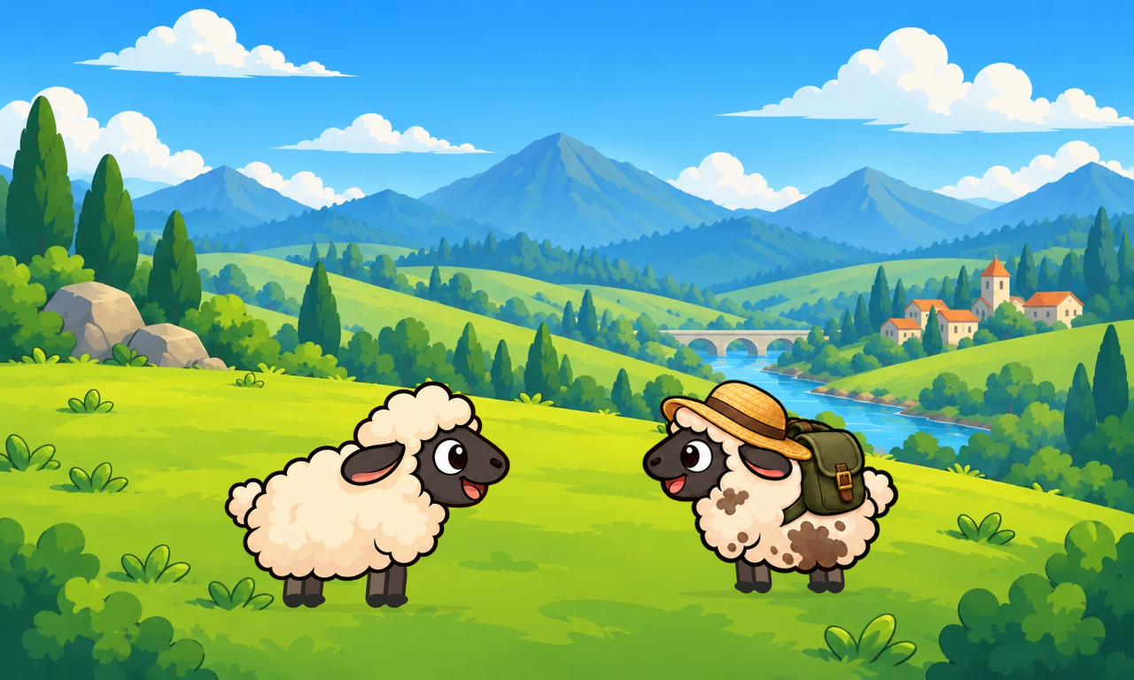 Two illustrated sheep in the green hills and mountain landscape of Shepherd’s Sheep