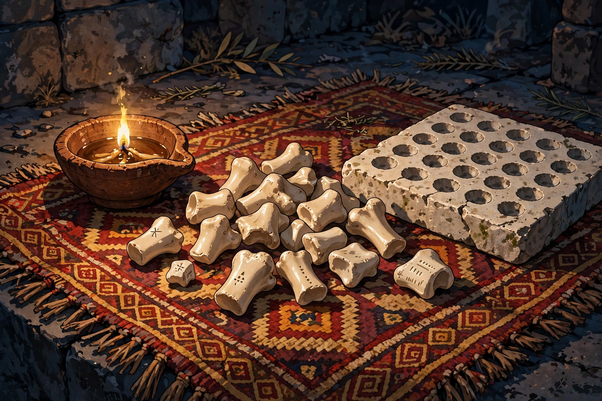 Painted knucklebones beside a clay oil lamp on a woven courtyard rug