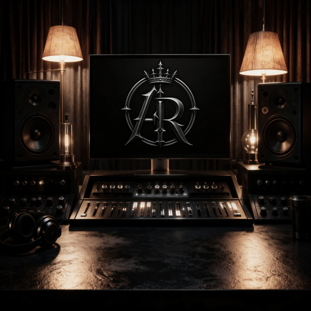 Aletheia Revealed Studios recording desk with an AR monitor, speakers, and warm lamps